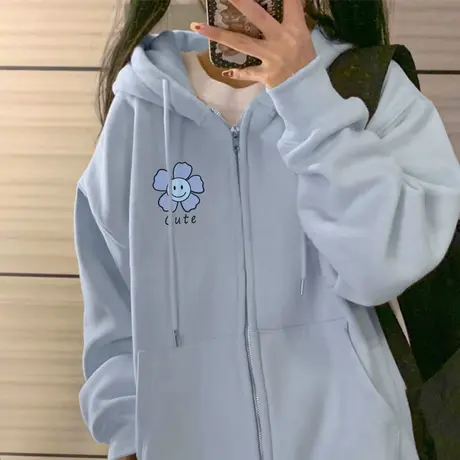 学院风休闲开衫卫衣外套女春秋宽松慵懒风秋冬季加绒拉链连帽上衣商品大图