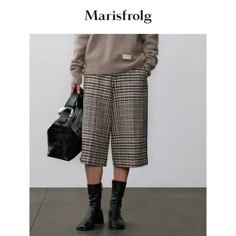 【商场同款】玛丝菲尔休闲裤冬季新款千鸟格羊毛绒感直筒阔腿裤图片