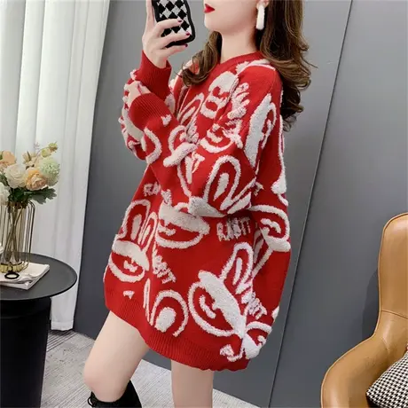 本命年兔兔红色圆领毛衣女2022年新款秋冬宽松慵懒风洋气针织上衣商品大图