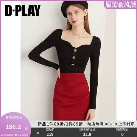 DPLAY2023轻法式媛经典黑波浪异形领重工金属扣修身针织毛衣上衣商品大图
