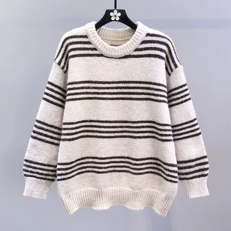 复古慵懒风条纹毛衣女秋冬2023新款宽松加厚外搭高级感圆领针织衫商品大图