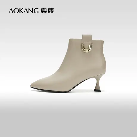 【门店发货】奥康女鞋 2023冬季新款法式尖头真皮短靴细跟时装靴商品大图