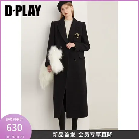 DPLAY2023年冬新通勤翻驳领胸前口袋定制刺绣黑色羊毛呢大衣商品大图