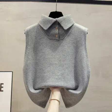 设计感翻领立领针织马甲女2023秋装新款宽松外穿马夹叠穿毛衣坎肩图片