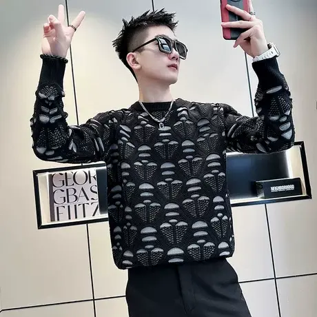 圆领毛衣男秋冬爆款ins个性花色设计感发型师痞帅内搭针织衫线衣商品大图