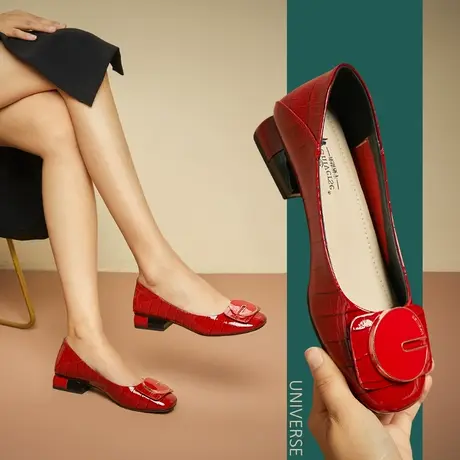 清仓本命年小红鞋粗跟单鞋舒适妈妈鞋方头低跟瓢鞋女真皮软底皮鞋商品大图