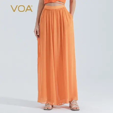 VOA深桔色双层乔其桑蚕丝木耳花边装饰自然腰个性真丝长款裙裤图片