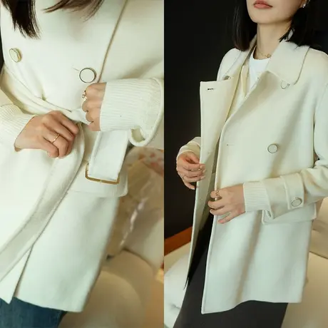 23秋冬新款女装法式复古通勤系带羊绒双排扣米白色女士毛呢外套图片
