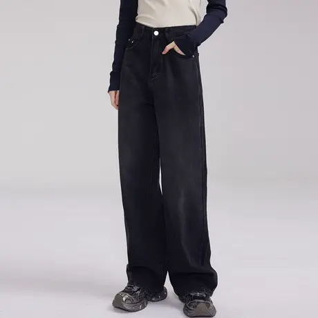 尔给加绒加厚直筒牛仔裤2023年新款女冬季黑色裤子高腰宽松阔腿裤商品大图