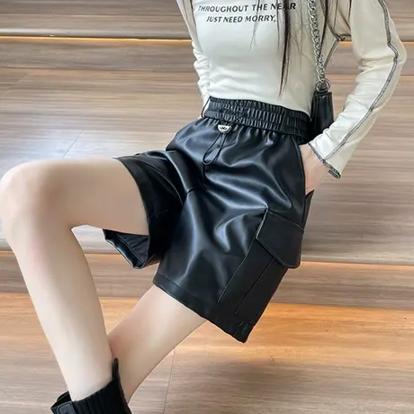 外穿黑色pu皮短裤女2024秋冬新款宽松显瘦高腰休闲五分阔腿靴裤子图片