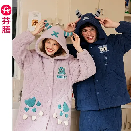 芬腾珊瑚绒夹棉情侣睡衣女秋冬季三层加厚保暖法兰绒男家居服套装商品大图