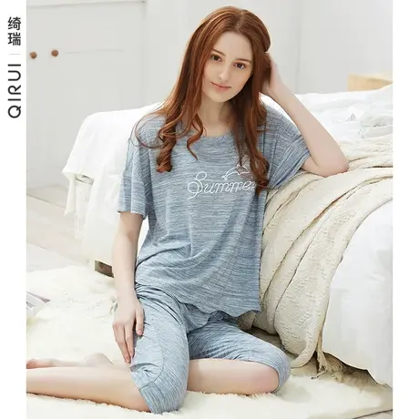 绮瑞莫代尔睡衣女夏短袖薄款七分裤宽松大码夏季冰丝家居服套装商品大图