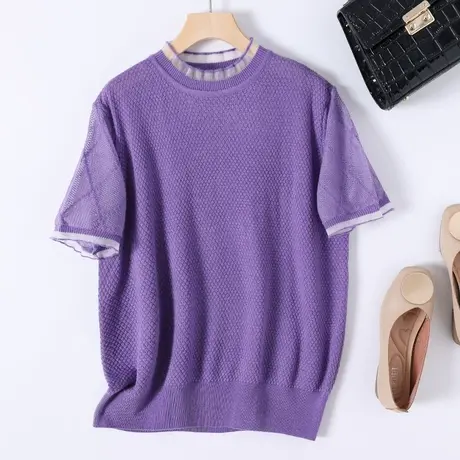 2023夏季新品纯色蕾丝边韩版宽松镂空针织衫短袖毛衣T恤女士上衣商品大图