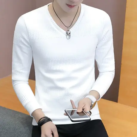 男士长袖t恤秋季新款2023加绒加厚休闲潮流V领打底衫男装百搭卫衣图片