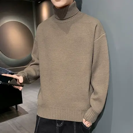 高领毛衣男秋冬款潮流纯色慵懒风线衣冬季加绒加厚保暖男士针织衫商品大图