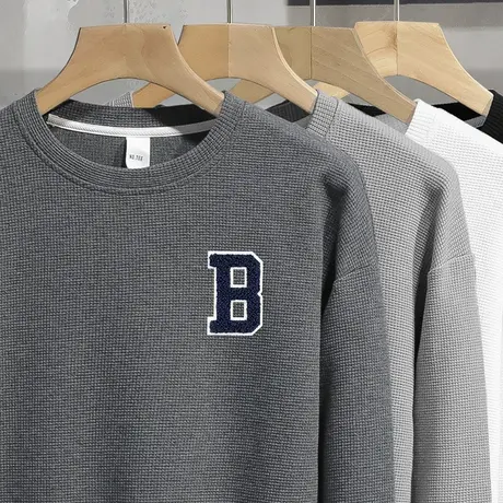 2024新款华夫格卫衣男秋季宽松潮流圆领长袖t恤春秋款无帽上衣服商品大图