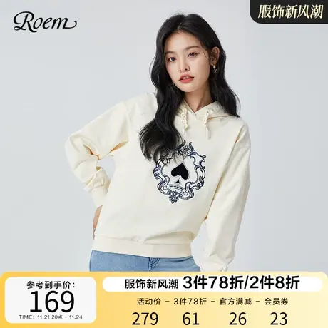 Roem扑克系列商场同款春秋T恤趣味韩版休闲宽松连帽白色卫衣女商品大图