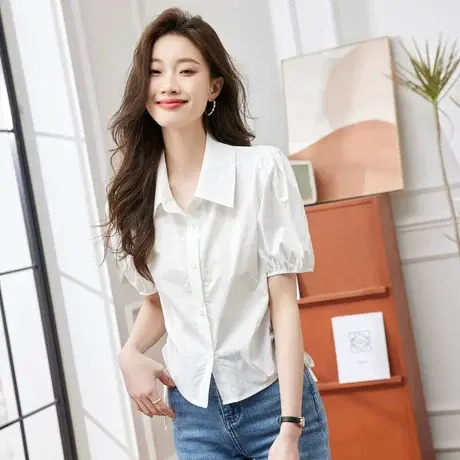 时尚气质短袖衬衫2023年夏季新款淑女简约翻领显瘦通勤泡泡袖上衣图片