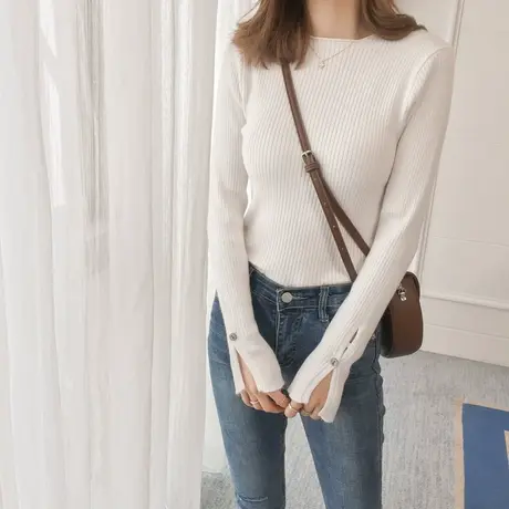 2021秋季新款针织衫上衣长袖打底衫女秋冬修身百搭学生套头毛衣薄图片