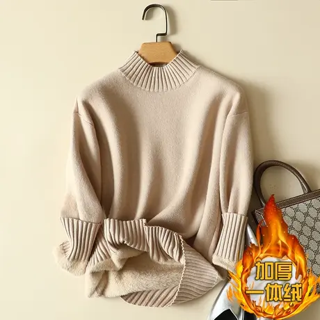 秋冬加绒毛衣女加厚一体绒内搭宽松半高领套头打底针织衫保暖上衣商品大图