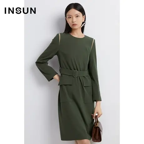 INSUN恩裳秋季结构感拼接大口袋连衣裙图片