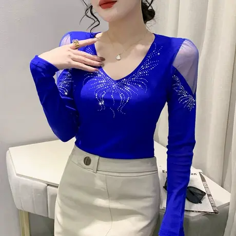性感镂空V领打底衫女春秋2024新款气质网纱T恤长袖欧货烫钻上衣潮商品大图