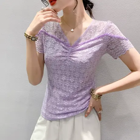 2024夏装新款时尚钉珠V领蕾丝上衣性感气质紧身小衫百搭别致T恤潮商品大图