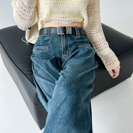 美式复古窄版阔腿牛仔裤女春秋新款垂感直筒设计感高腰显瘦拖地裤商品大图