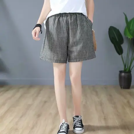 夏季新款韩版文艺复古休闲裤女显瘦薄款竖条纹棉麻宽松阔腿短裤子商品大图