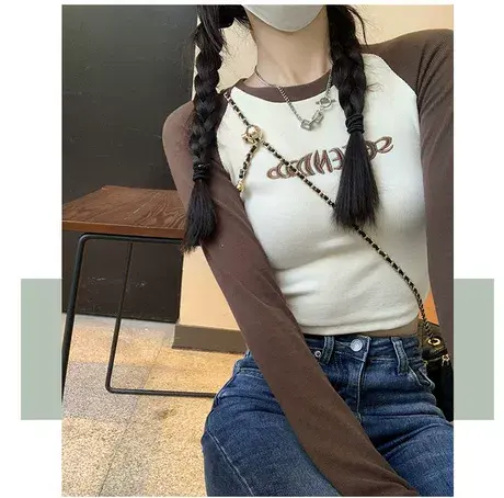 早秋装美式紧身T恤女2024年夏季新款短款修身打底衫辣妹长袖上衣商品大图