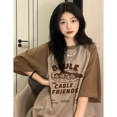 hiphop潮牌T恤短袖美式高街风拼接女装ins潮纯棉大码插肩袖上衣夏商品大图