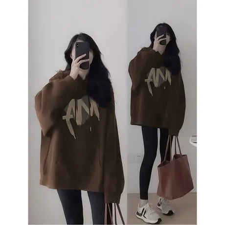 复古棕咖色卫衣女慵懒风连帽宽松外套秋冬加绒加厚ins潮大码上衣图片