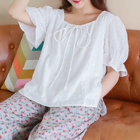 减龄方领满幅绣棉质上衣大码新款法式短袖T恤上衣女商品大图