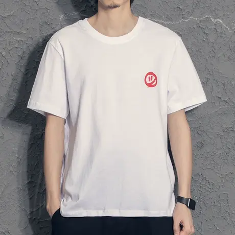 奕飏笑脸印花男生宽松T恤潮流短袖男潮牌简约白色体恤衫半袖夏装图片