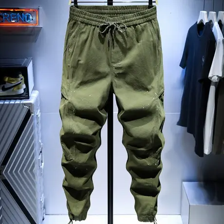 春夏季漆点印花工装裤男潮牌宽松直筒休闲裤ins抽绳束脚裤长裤子图片