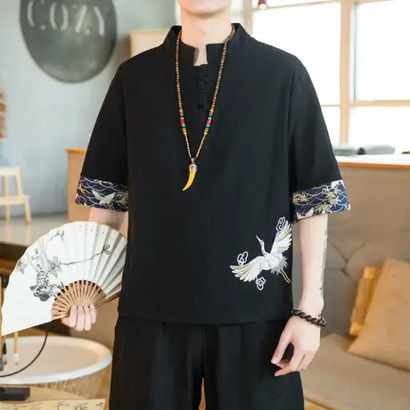 亚麻短袖t恤男刺绣夏季薄款宽松大码唐装衣服中国风男装棉麻体恤商品大图