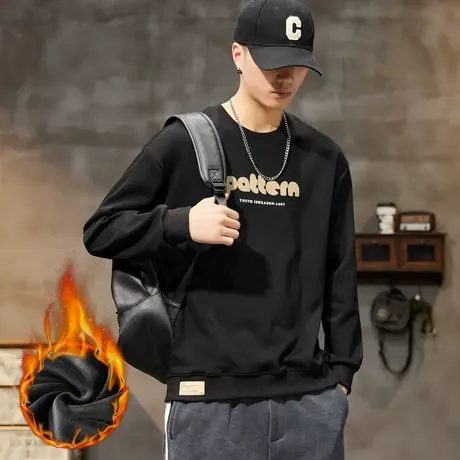 潮牌印花加绒加厚防寒长袖上衣服秋冬款男装保温内搭圆领卫衣冬季商品大图