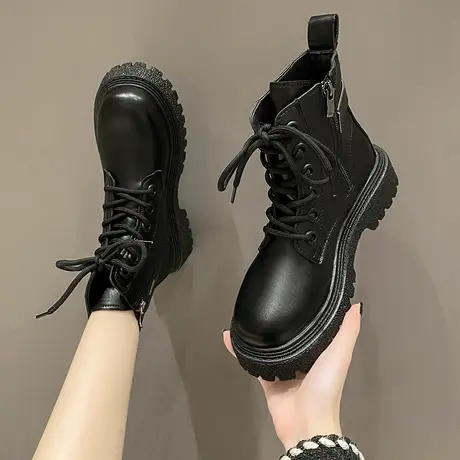 马丁靴女2023年新款春秋单靴百搭系带ins英伦风机车厚底甜酷短靴图片