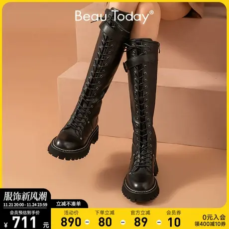 BeauToday秋季新款厚底马丁靴女BT英伦风黑色骑士靴复古长筒靴子图片