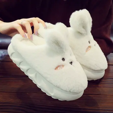 可爱兔子厚底棉拖鞋女秋冬季保暖防滑室内居家用高跟毛绒月子拖鞋图片