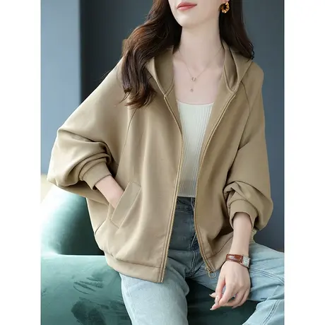 宝诗黎连帽蝙蝠袖拉链开衫卫衣女春秋款2024长袖宽松慵懒纯色外套商品大图