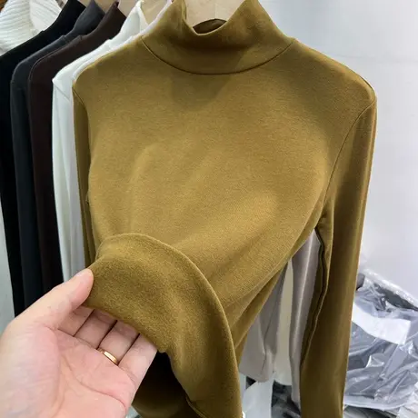 欧货半高领加薄绒长袖T恤女2023秋冬新款修身显瘦内搭打底衫上衣商品大图