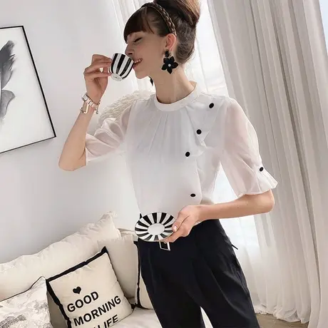 2021夏季新款短袖上衣冷淡风时尚气质白色雪纺衬衫女设计感小众商品大图