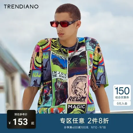 TRENDIANO官方潮牌夏季男装时尚嘻哈街头美式多图印花圆领短袖T恤商品大图