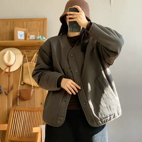 dza复古宽松V领加厚羊羔绒棉衣外套女冬季漂亮加绒两面穿棉服上衣图片