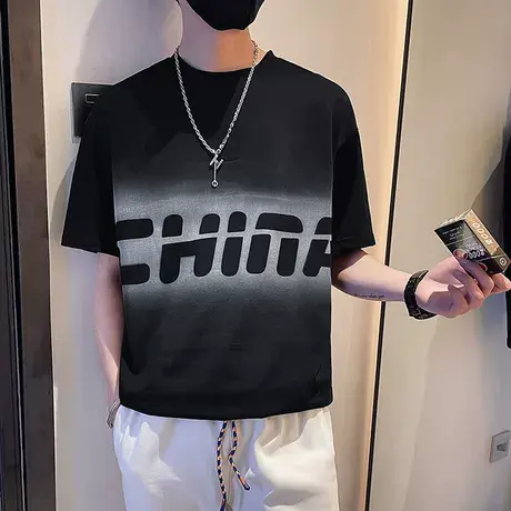 夏季男士t恤短袖修身渐变字母半袖潮流潮牌时尚个性圆领网红体恤商品大图