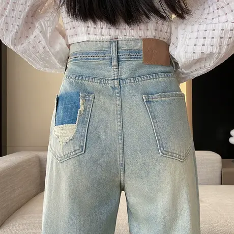 窄版高腰阔腿牛仔裤女春秋季2024新款遮胯宽松显瘦拖地直筒长裤子商品大图