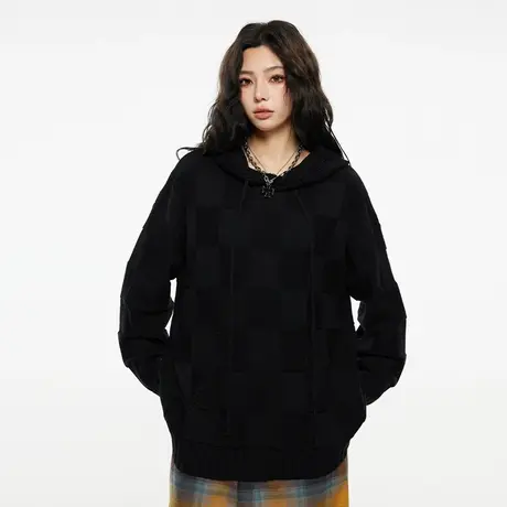 Nuthink纯色连帽潮牌简约基础款格子毛衣男潮春季国潮情侣针织衫图片