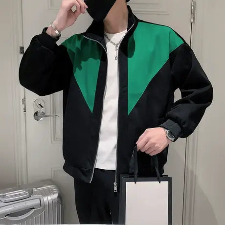 秋季男士夹克外套上衣工装立领修身机车拼色学生潮牌潮流休闲百搭商品大图