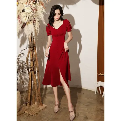 敬酒服新娘2023新款夏季法式缎面订婚小礼服修身回门服便装连衣裙商品大图